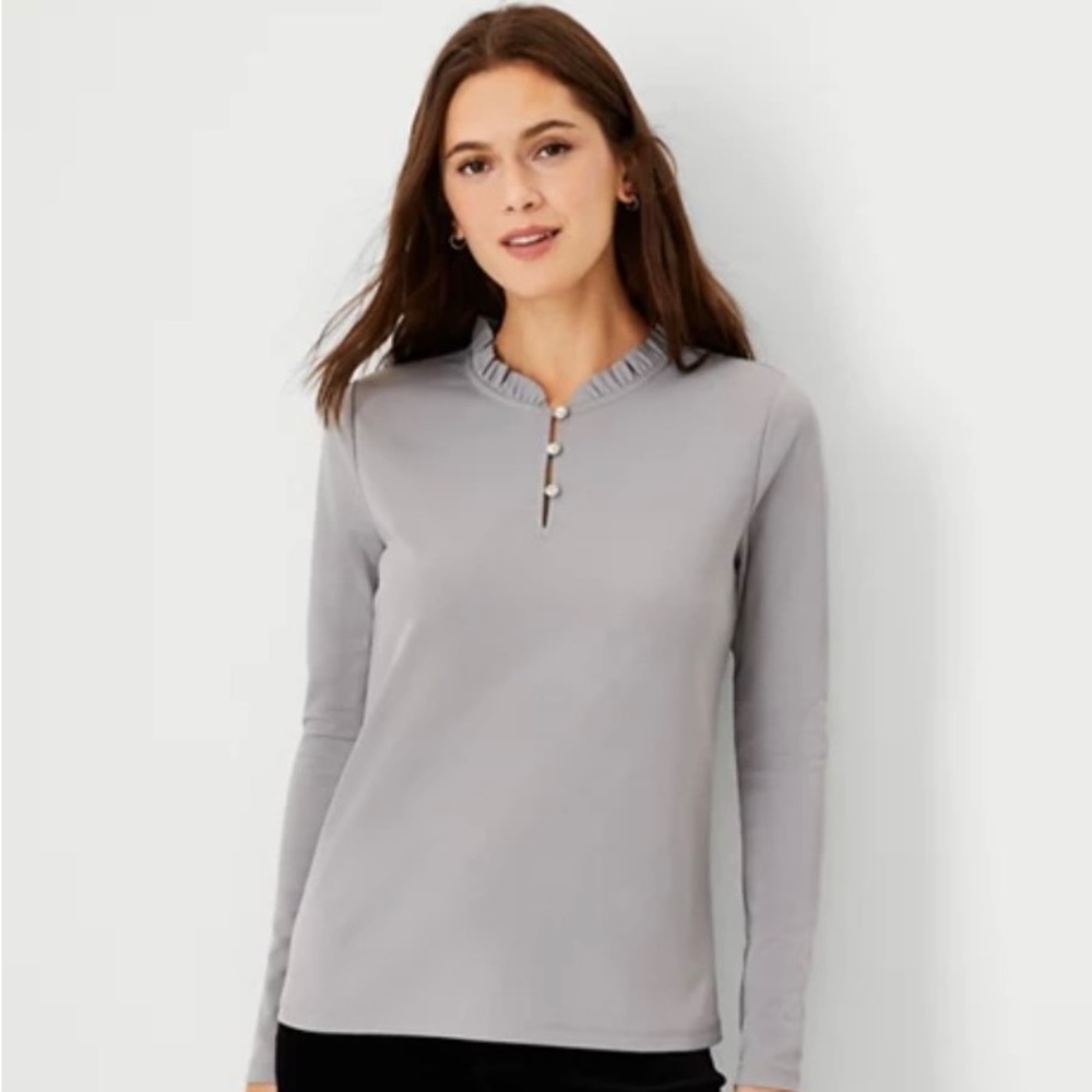 Ann Taylor Long Sleeve Ruffle Neck Top in Gray